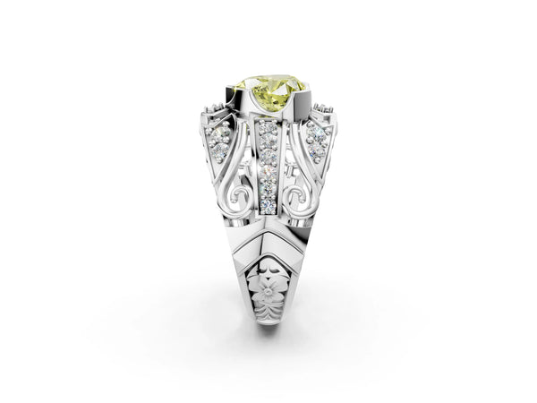 Platinum Fancy Yellow Heart Cut Diamond Pave Art Deco Split Shank Ring with Four-Prong Setting