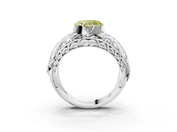 Platinum Fancy Yellow Heart Cut Diamond Pave Art Deco Split Shank Ring with Four-Prong Setting