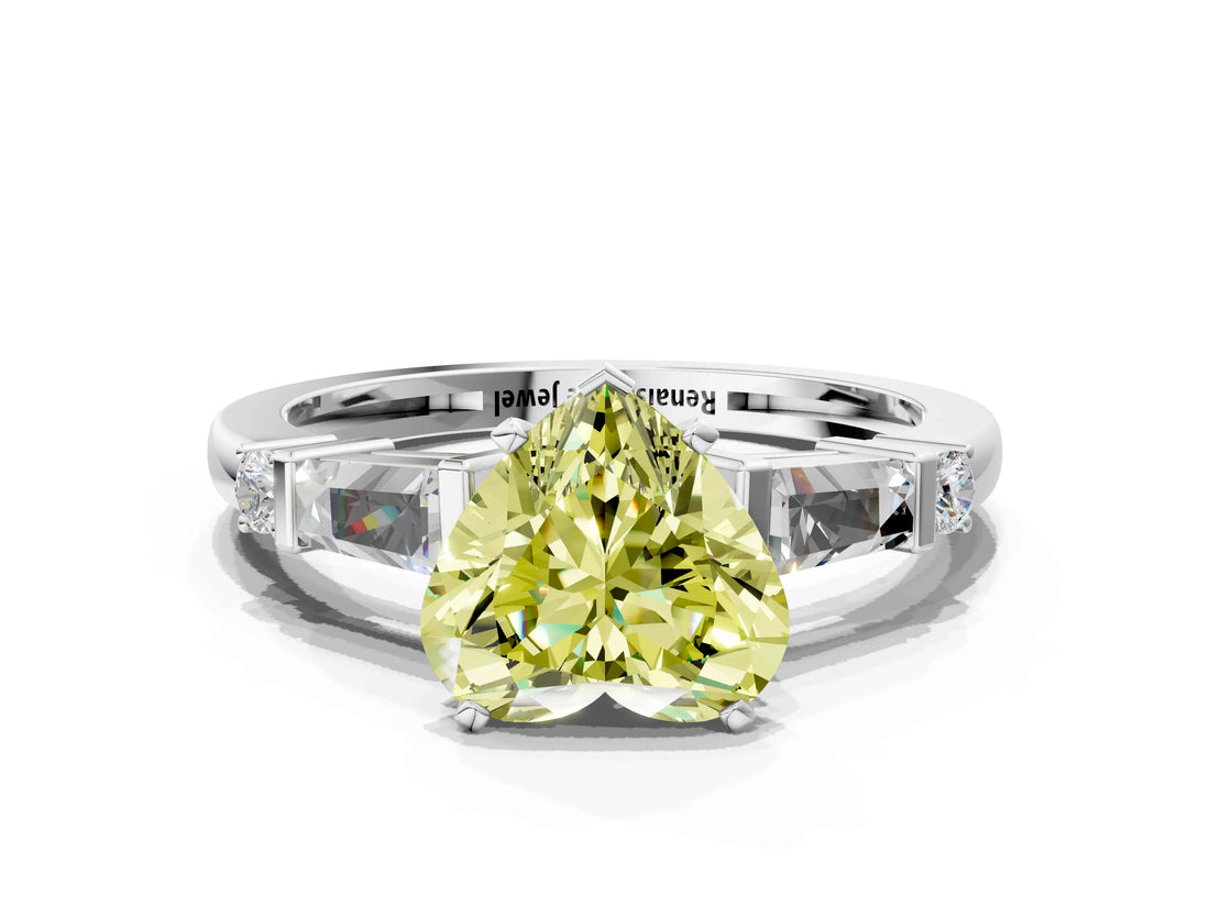 Platinum Fancy Yellow Heart  Cut Diamond Ring with Baguette Side Stones, Channel Set Band, and Four-Prong Setting_12