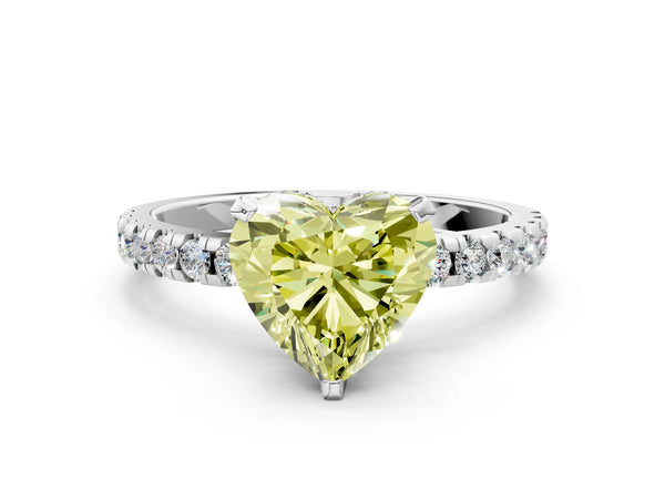 Platinum Heart-Shaped Hidden Halo Solitaire Engagement Ring Setting for Fancy Yellow Center with Single Row Pave Band