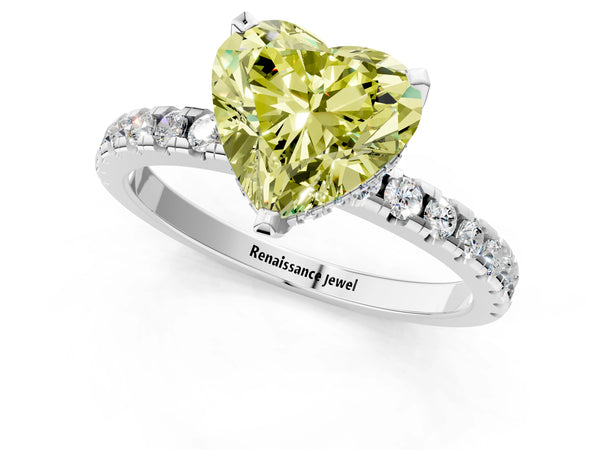 Platinum Heart-Shaped Hidden Halo Solitaire Engagement Ring Setting for Fancy Yellow Center with Single Row Pave Band