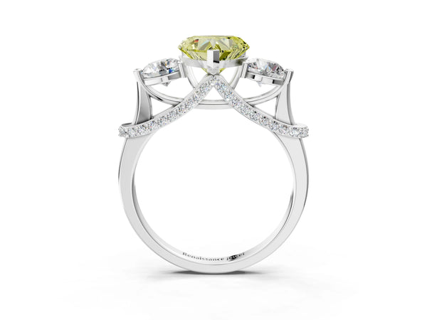 Platinum Heart-Shaped Curved Pave Three Stone Engagement Ring Setting for Fancy Yellow Center