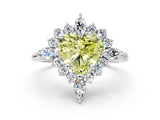 Platinum Fancy Yellow Heart Cut Halo Diamond Cluster Ring with Marquise and Round Stones on a White Gold Band with Prong Setting
