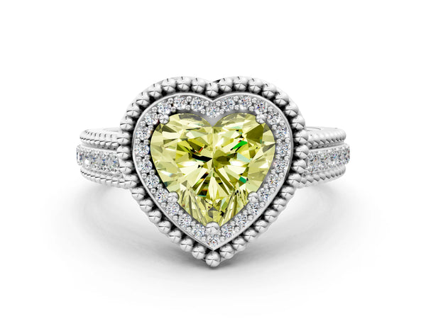 Platinum Heart-Shaped Beaded Halo Engagement Ring Setting for Fancy Yellow Center with Pave