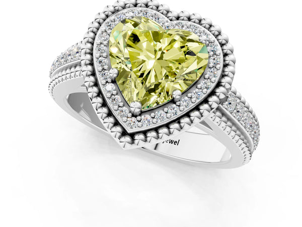 Platinum Heart-Shaped Beaded Halo Engagement Ring Setting for Fancy Yellow Center with Pave