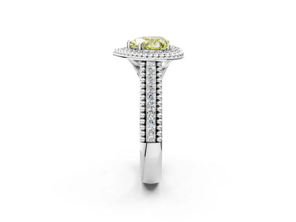 Platinum Heart-Shaped Beaded Halo Engagement Ring Setting for Fancy Yellow Center with Pave