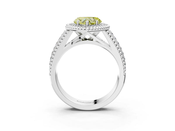 Platinum Heart-Shaped Beaded Halo Engagement Ring Setting for Fancy Yellow Center with Pave