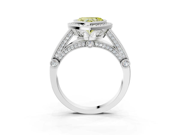 Platinum Heart-Shaped Vintage Bezel Halo Engagement Ring Setting for Fancy Yellow Center