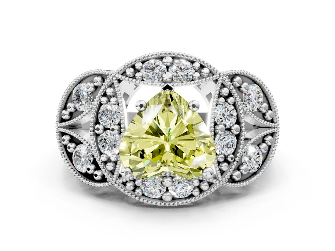 Platinum Fancy Yellow Heart Cut Halo Milgrain Diamond Engagement Ring with Leaf Band and Four-Prong Setting_6