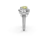 Platinum Fancy Yellow Heart Cut Halo Milgrain Diamond Engagement Ring with Leaf Band and Four-Prong Setting_8