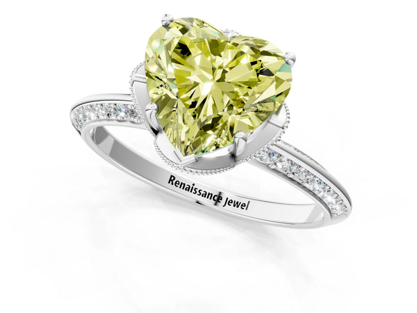 Platinum Heart-Shaped Graduated Pave Engagement Ring Setting for Fancy Yellow Center