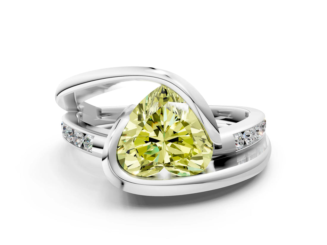 Platinum Fancy Yellow Heart Cut Solitaire Tension-Set Diamond Split Shank Ring_6