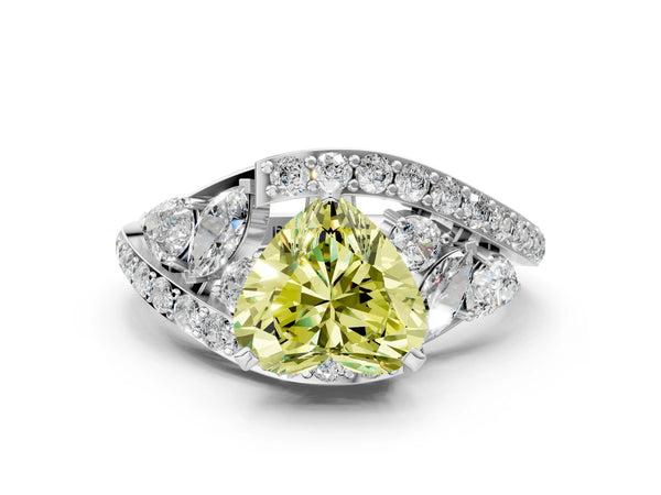 Platinum Fancy Yellow Heart  Diamond Halo Ring with Marquise and Pavé Band in Prong Setting