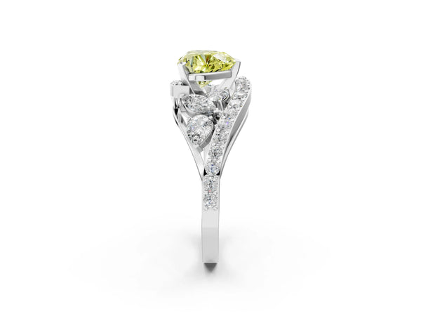 Platinum Fancy Yellow Heart  Diamond Halo Ring with Marquise and Pavé Band in Prong Setting