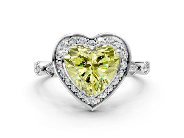 Platinum Fancy Yellow Heart  Halo Diamond Engagement Ring with Twisted Band and Four-Prong Setting