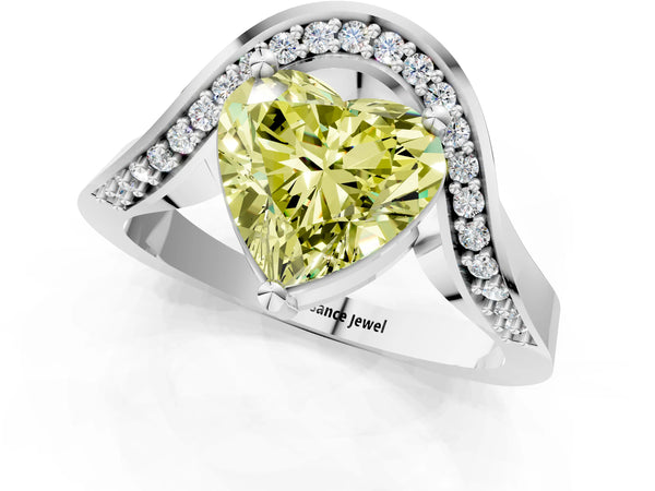 Platinum Fancy Yellow Heart  Solitaire Diamond Engagement Ring with Pave Band and Four-Prong Setting