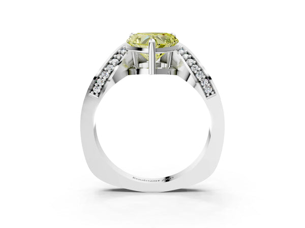 Platinum Fancy Yellow Heart  Solitaire Diamond Engagement Ring with Pave Band and Four-Prong Setting