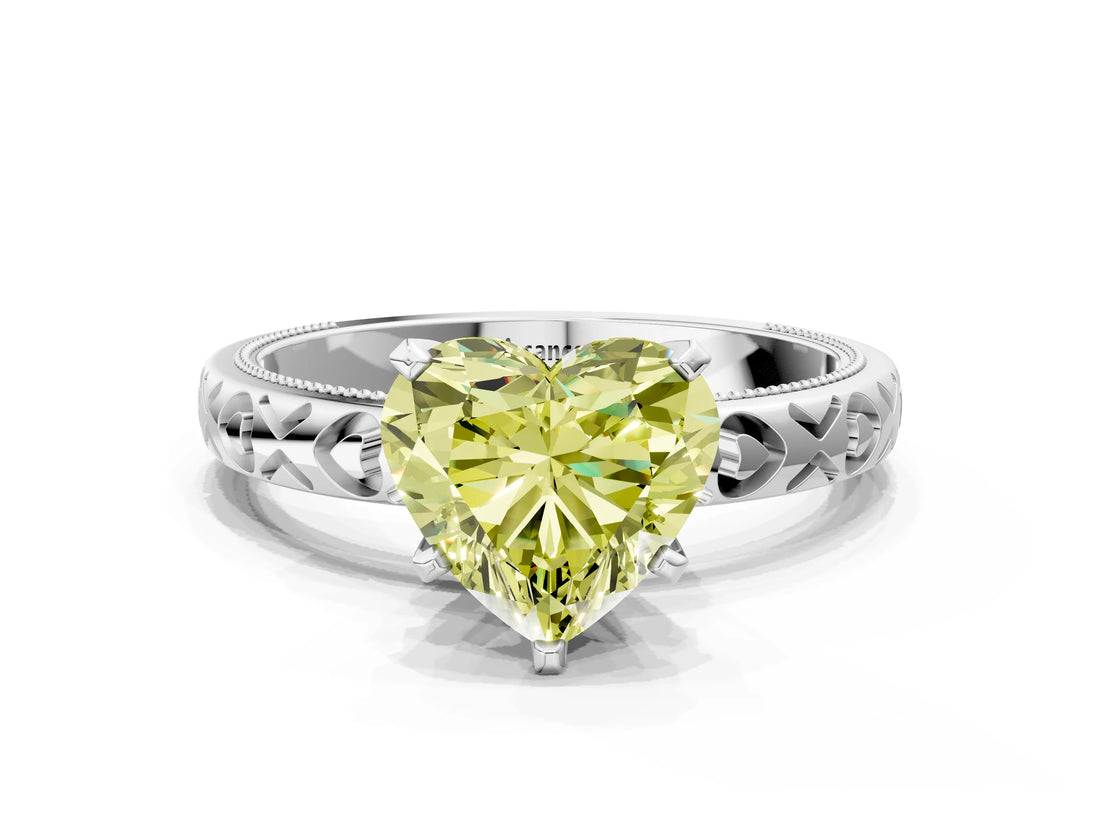 Platinum Fancy Yellow Heart  Solitaire Diamond Engagement Ring with XO Engraved Band and Four-Prong Setting