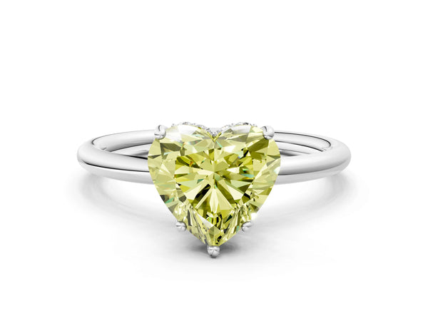 Platinum Fancy Yellow Heart  Solitaire Diamond Ring with a Classic Band and Four-Prong Setting