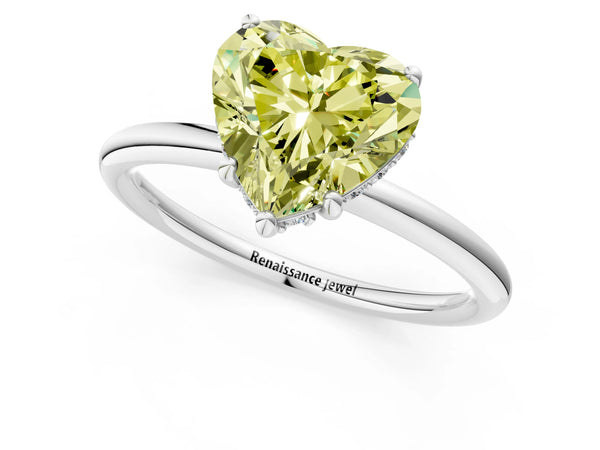 Platinum Fancy Yellow Heart  Solitaire Diamond Ring with a Classic Band and Four-Prong Setting
