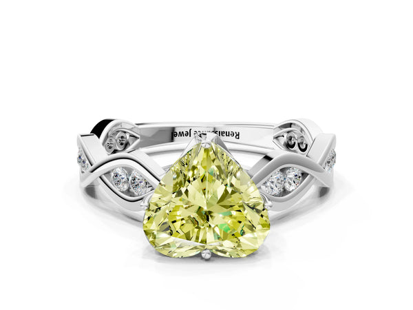 Platinum Fancy Yellow Heart  Solitaire Twist Band with Leaf Prong Setting