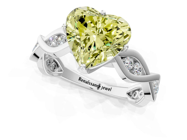 Platinum Fancy Yellow Heart  Solitaire Twist Band with Leaf Prong Setting