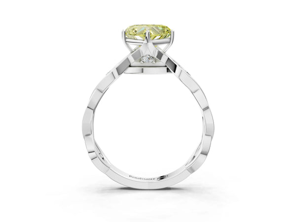 Platinum Fancy Yellow Heart  Solitaire Twist Band with Leaf Prong Setting