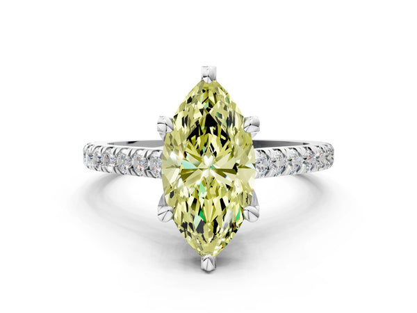 Platinum Fancy Yellow Marquise  Brilliant Diamond Solitaire with Pavé Band and Four-Prong Setting