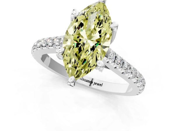 Platinum Fancy Yellow Marquise  Brilliant Diamond Solitaire with Pavé Band and Four-Prong Setting
