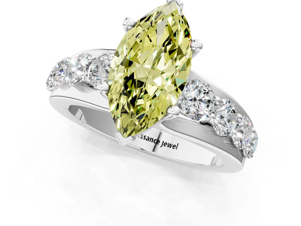 Platinum Fancy Yellow Marquise  Brilliant Solitaire with Side Stones on a Pave Band and Four-Prong Setting