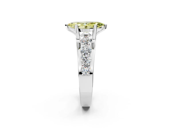 Platinum Fancy Yellow Marquise  Brilliant Solitaire with Side Stones on a Pave Band and Four-Prong Setting