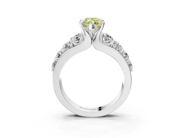 Platinum Fancy Yellow Marquise  Brilliant Solitaire with Side Stones on a Pave Band and Four-Prong Setting