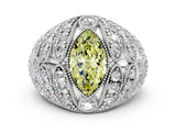 Platinum Fancy Yellow Marquise Cut Brilliant Halo Pave Diamond Milgrain Ring_6