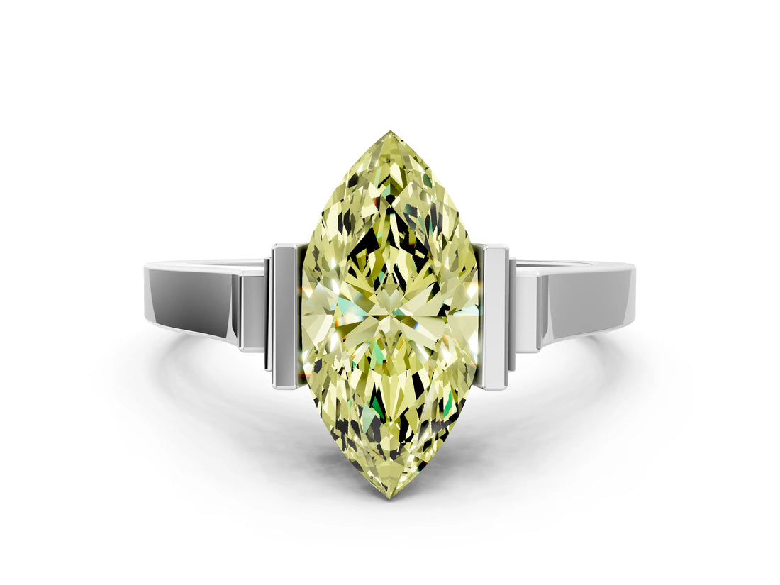 Platinum Fancy Yellow Marquise Cut Brilliant Solitaire Diamond Ring with Channel Set Band and Bar Prong Setting_102