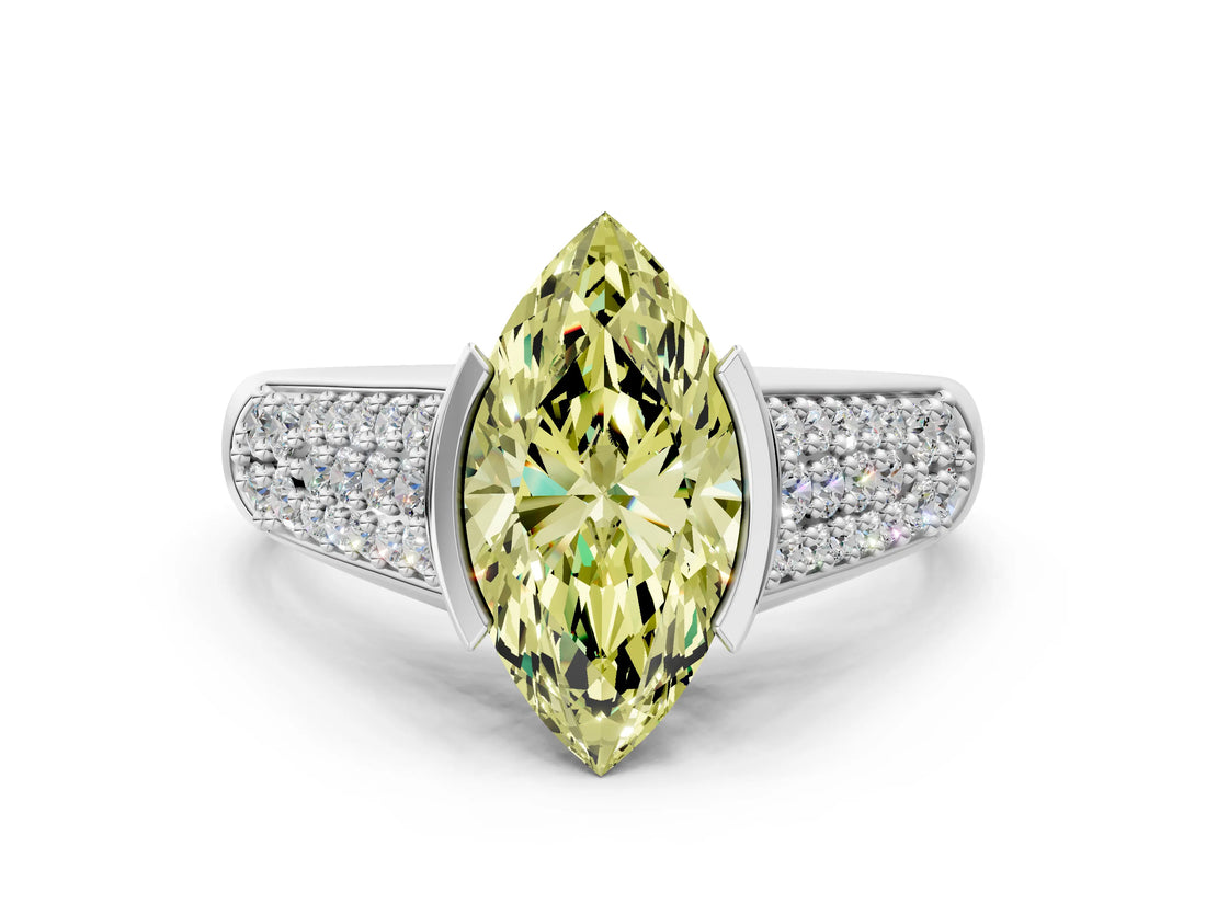 Platinum Fancy Yellow Marquise Cut Cut Diamond Channel Set Pave Band with Tension Prong Setting_6