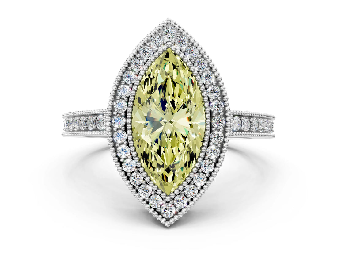 Platinum Fancy Yellow Marquise Cut Cut Halo Pavé Diamond Ring_6