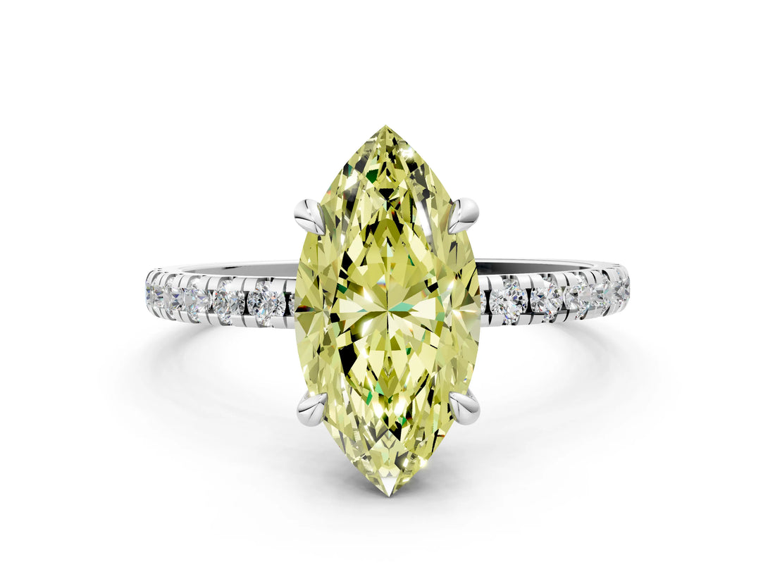 Platinum Fancy Yellow Marquise Cut Diamond Brilliant Solitaire Ring with Pavé Band and Four-Prong Setting_42