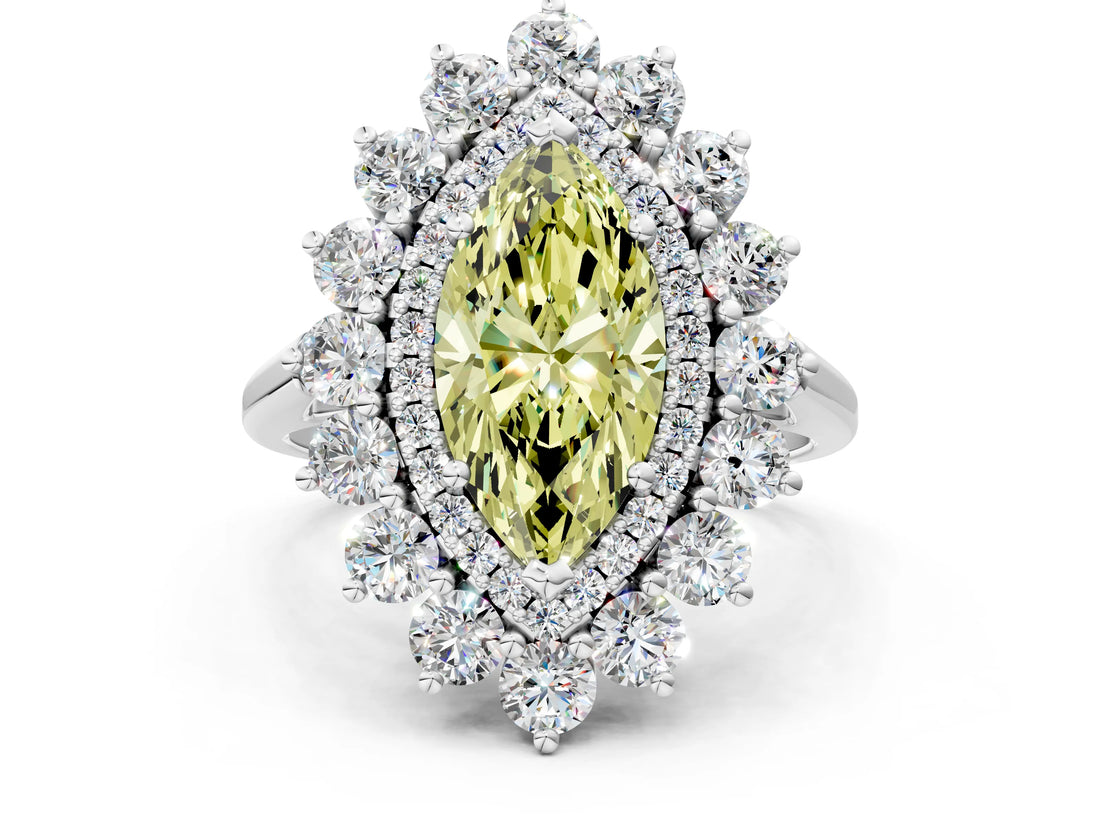 Platinum Fancy Yellow Marquise Cut Diamond Floral Double Halo Engagement Ring with Prong Setting_30