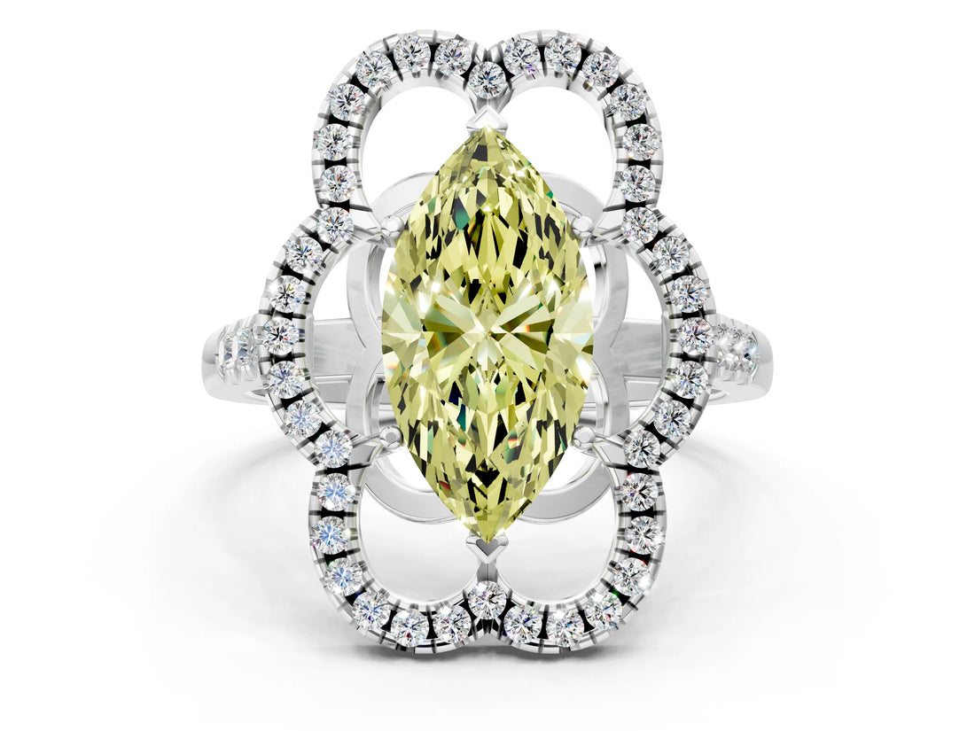 Platinum Fancy Yellow Marquise Cut Diamond Floral Halo Split Shank Prong Setting Ring_36