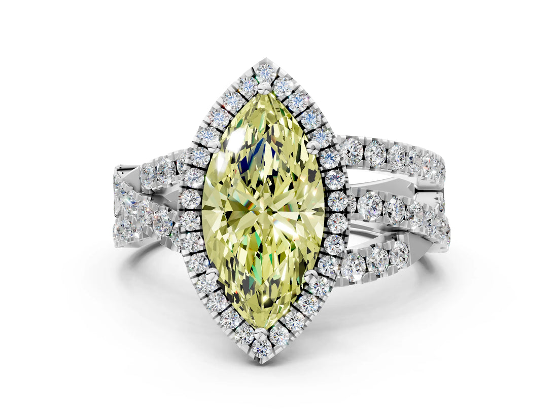 Platinum Fancy Yellow Marquise Cut Diamond Halo Ring with Round Split Shank and Prong Setting