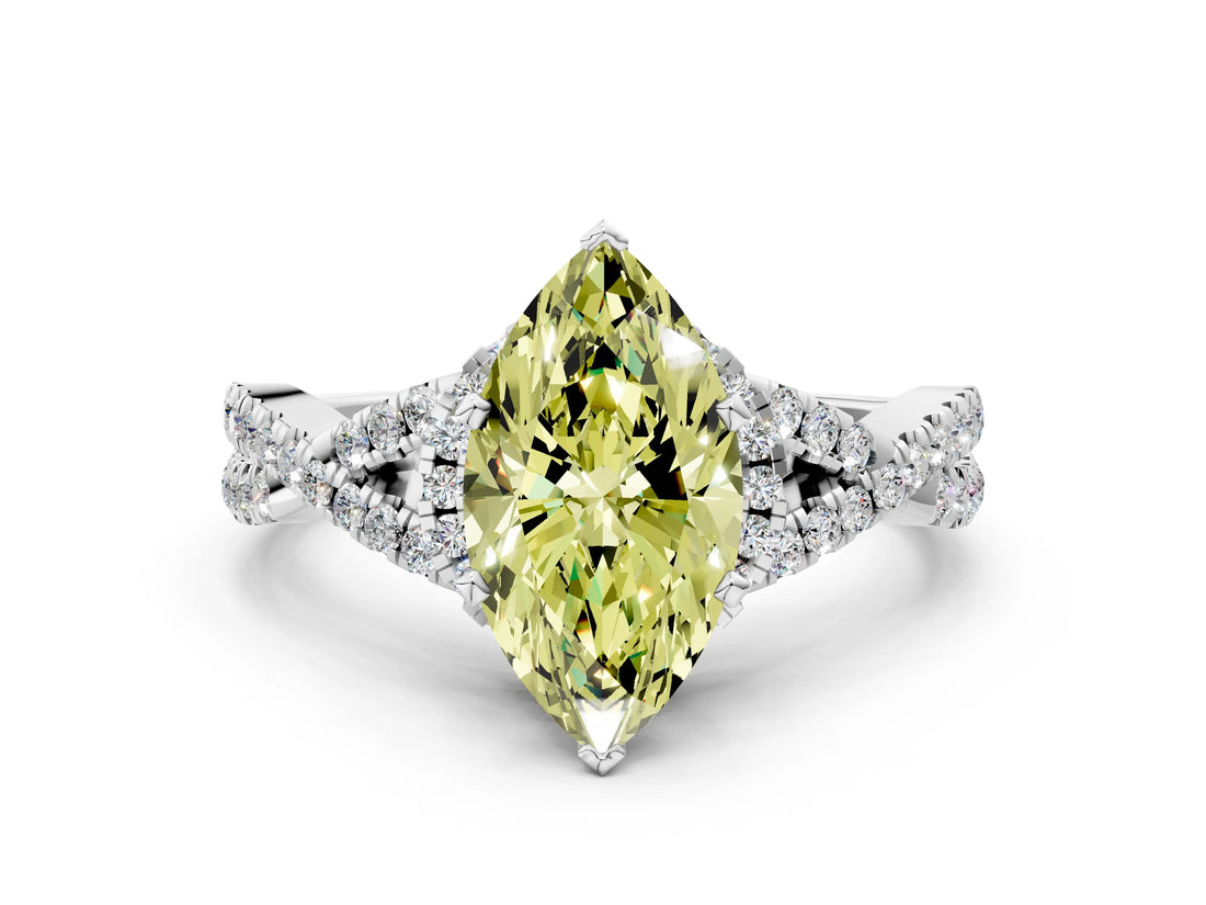 Platinum Fancy Yellow Marquise Cut Diamond  Halo Twist Band Solitaire Prong Setting Ring_12