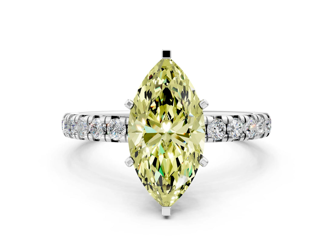 Platinum Fancy Yellow Marquise Cut Diamond Pavé Solitaire Ring with Round Band and Prong Setting