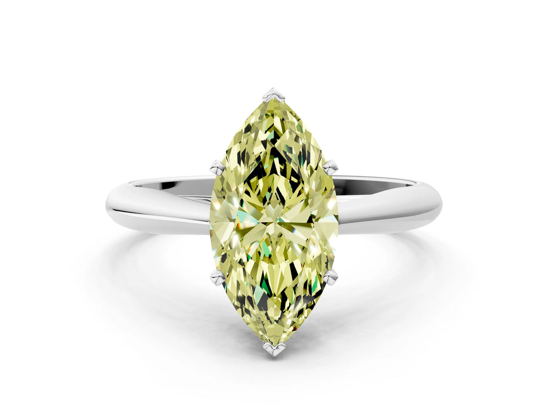 Platinum Fancy Yellow Marquise Cut Diamond Solitaire Engagement Ring with Cathedral Setting and Four-Prong Mount