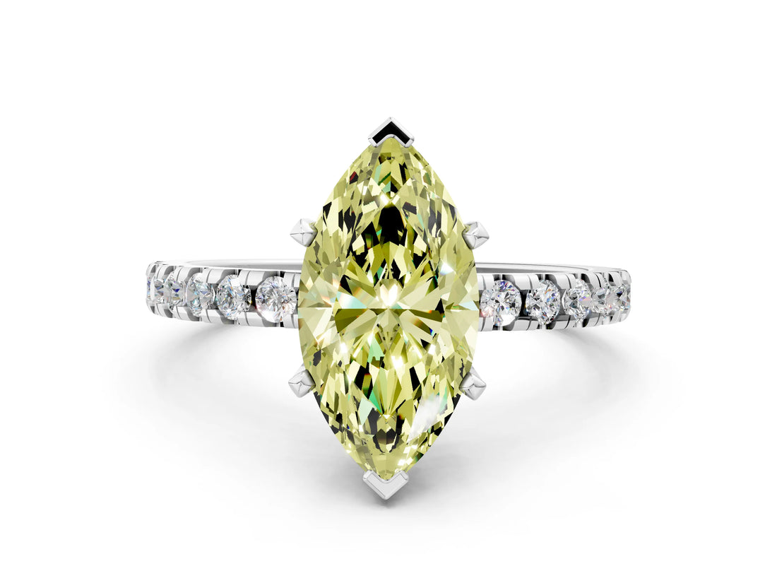 Platinum Fancy Yellow Marquise Cut Diamond Solitaire Ring with Round  Pavé Band and Four-Prong Setting_36