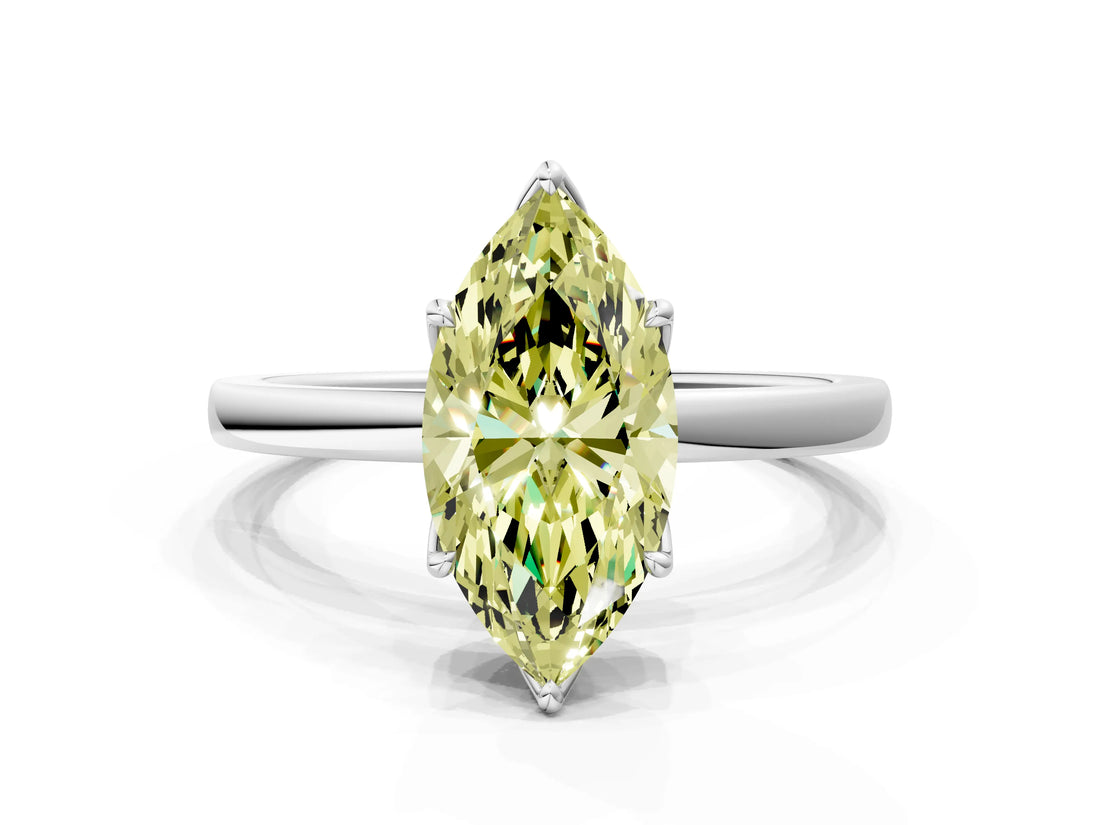 Platinum Fancy Yellow Marquise Cut Diamond Solitaire Ring with Thin Band and Prong Setting