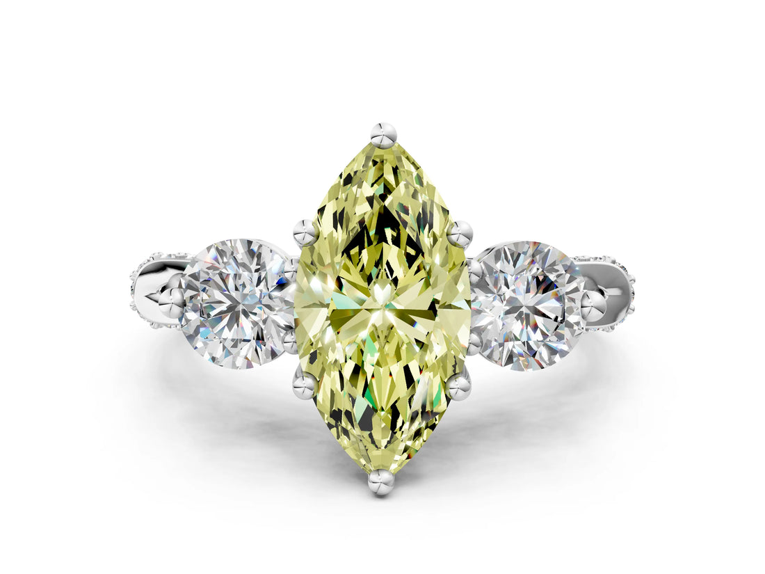 Platinum Fancy Yellow Marquise Cut Diamond Three-Stone Ring with Prong Setting and Pavé Band_6