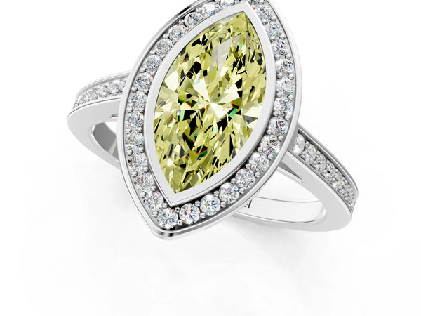 Platinum Fancy Yellow Marquise Cut Halo Bezel Diamond Pave Band Ring