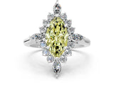 Platinum Fancy Yellow Marquise Cut Halo Diamond Cluster Ring with Marquise and Round Stones on a White Gold Band with Prong Setting_12