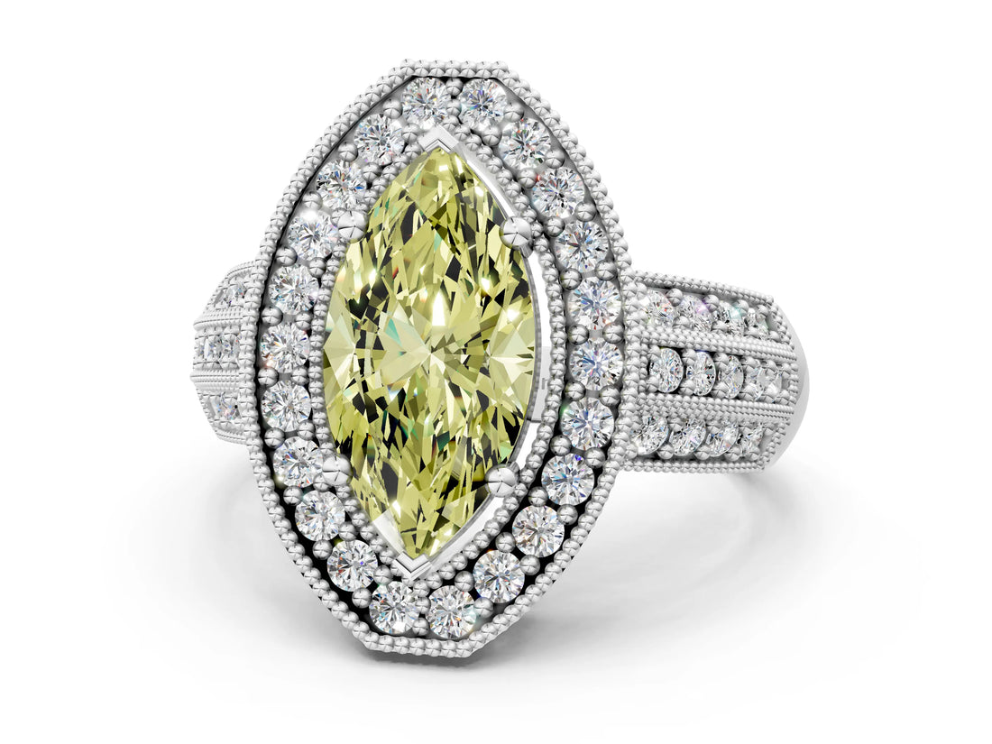 Platinum Fancy Yellow Marquise Cut Halo Diamond Engagement Ring with Pave Split Shank and Four-Prong Setting_6