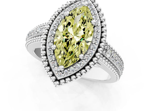 Platinum Marquise Beaded Halo Engagement Ring Setting for Fancy Yellow Center with Pave